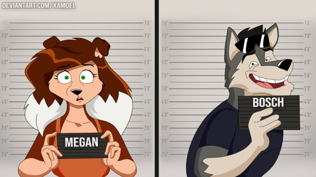 anthro bosch_tozzier_(xamoel) clothing duo eyewear female humor male mugshot sunglasses xamoel barbie_and_ken_mugshot_meme beast_house bosch_(xamoel) megan_(xamoel) canid canine canis collie domestic_dog herding_dog mammal pastoral_dog sheepdog wolf 16:9 hi_res widescreen