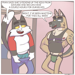 anthro bedroom_eyes belly bottomwear brown_body brown_fur bulge cheek_tuft clothed clothing clothing_pull dialogue dog_tags duo facial_tuft fur half-closed_eyes jockstrap looking_at_another male male/male mature_anthro mature_male musclegut muscular muscular_anthro muscular_male narrowed_eyes nipples open_mouth overweight overweight_anthro overweight_male pants pecs pulling_down_pants scar seductive shirt smile speech_bubble tail tank_top tattoo text topwear tuft underwear undressing joalmidon litterbox_comics pixie_and_brutus brutus_(pixie_and_brutus) joel_(litterbox_comics) canid canine canis domestic_cat domestic_dog felid feline felis german_shepherd herding_dog mammal pastoral_dog tuxedo_cat 1:1 absurd_res digital_media_(artwork) english_text hi_res