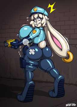 anthro big_breasts breasts clothing ear_piercing ear_ring electroshock_weapon female handles_on_hips inflatable latex leaking_air piercing police police_officer police_uniform printed_uniform red_eyes ring_piercing solo tape taser uniform valve_nipple weapon white_latex worried_look sutibaru nina_snowfield animate_inanimate lagomorph leporid living_inflatable living_sex_doll mammal rabbit hi_res