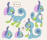ambiguous_gender angry annoyed anthro belly blue_body blush ellipsis featureless_crotch gloves_(marking) hair knock-kneed leg_markings markings multicolored_body multicolored_hair multiple_poses neutral_expression pose question_mark socks_(marking) solo standing two_tone_hair white_belly nanakusa_leo nintendo pokemon amphibian drizzile generation_8_pokemon pokemon_(species) female_(lore)