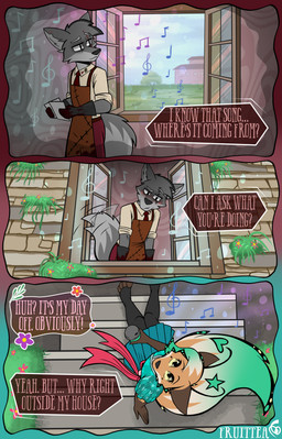 3_panel_comic 5_fingers accessory antennae_(anatomy) anthro apron armor asian_clothing bottomwear brown_body brown_fur cheek_markings clothing coffee_cup collared_shirt container cup dipstick_ears duo ear_markings ear_scar ear_tunnel east_asian_clothing eye_scar eyebrows facial_markings facial_scar femboy fingers flower footwear fur gloves gloves_(marking) grass green_hair grey_body grey_eyebrows grey_fur grey_inner_ear_fluff hair handwear head_markings head_tuft headgear heart_symbol helmet inner_ear_fluff japanese_clothing kimono leg_markings legwear looking_down looking_up_at_another male markings mortician multicolored_body multicolored_ears multicolored_fur musical_clef musical_note musical_symbol necktie open_window orange_body orange_fur pants pin_accessory pin_button plant pupils scar shirt shrub sitting smile socks stairs standing star stone_wall symbol tail tail_motion tailwag text thigh_highs thigh_socks topwear tree tuft waist_bow wall_(structure) white_clothing white_sclera white_shirt white_topwear yellow_sclera fruittea azazel_(fruittea) seraph_(fruittea) canid canine canis fox mammal wolf 2025 absurd_res artist_name colored digital_drawing_(artwork) digital_media_(artwork) english_text hi_res signature