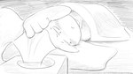 16:9 animal_crossing anthro bed bed_sheet bedding blush bodily_fluids dragonweirdo embarrassed furniture hi_res male mammal marshal_(animal_crossing) monochrome nintendo pillow rodent sciurid solo sweat tissue tissue_box tree_squirrel widescreen