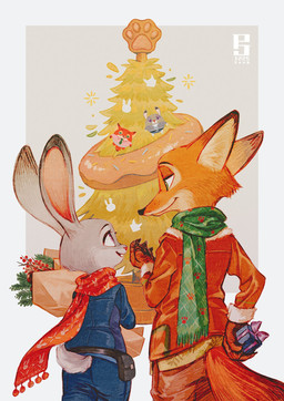 anthro blue_bottomwear blue_clothing blue_coat blue_pants blue_topwear bottomwear box christmas_tree clothed clothing coat container duo female fur gift_box gift_wrapped green_eyes green_scarf grey_body grey_fur holidays long_ears male male/female orange_body orange_fur pants plant purple_eyes red_bottomwear red_clothing red_coat red_pants red_scarf red_topwear scarf smile tail topwear tree pearjar christmas disney zootopia judy_hopps nick_wilde canid canine fox lagomorph leporid mammal rabbit 2025 digital_media_(artwork) hi_res
