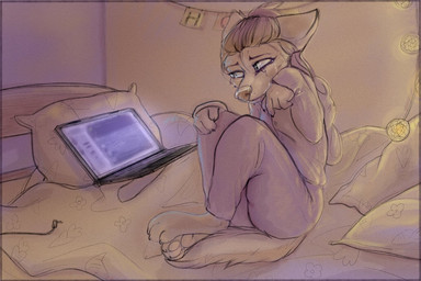 3_toes anthro barefoot bed bodily_fluids claws computer crying electronics feet female fur furniture hair laptop light on_bed pawpads paws pillow pink_pawpads sitting sitting_on_bed soles solo tears toes yshanii cotton_(yshanii) canid canine mammal 2021 3:2 digital_media_(artwork) lighting shaded