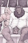 anthro anthro_on_anthro balls bottomwear clothed clothing duo flaccid genitals horn male male/male mane muscular nipples one_eye_closed open_bottomwear open_clothing open_shorts penis presenting shirt shorts spread_legs spreading surprised_expression topless topwear wink grisser felid lion mammal pantherine rhinoceros 2007