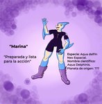 anthro boots breasts clothing female footwear purple_eyes shoes simple_background small_breasts solo text elmeganoob ben_10 cartoon_network chaquetrix yu-gi-oh! yu-gi-oh!_gx marina_(elmeganoob) neo-spacian_aqua_dolphin cetacean duel_monster humanoid mammal marine toothed_whale spanish_text translated