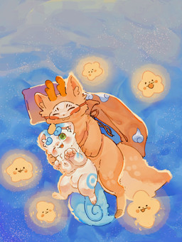ambiguous_gender anthro blue_body blue_fur blush brown_body brown_fur cheek_tuft chest_tuft cloak cloak_only clothing duo facial_tuft fangs feral fluffy fluffy_tail fur fur_markings green_eyes happy hooves horn hug inner_ear_fluff lying markings mask multicolored_body multicolored_fur one_eye_closed open_mouth pawpads paws pillow round_ears smile star tail teeth tuft two_tone_body two_tone_fur white_body white_fur gordon_yu asian_mythology chinese_mythology east_asian_mythology fabulous_beasts fenz_(studio) mythology sibuxiang_the_deer_(fabulous_beasts) tianlu_(fabulous_beasts) deer mammal mythological_creature pixiu 3:4 colored hi_res