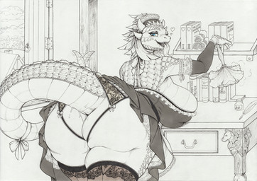 anthro big_breasts big_butt biped bodily_fluids breasts butt clothed clothing drooling eyelashes female genital_fluids huge_butt legwear looking_back maid_uniform pupils saliva solo thick_thighs thigh_highs tongue tongue_out uniform vaginal_fluids longinius microsoft the_elder_scrolls gisheen_theermus argonian scalie 2024 absurd_res hi_res traditional_media_(artwork)