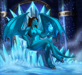 anthro breasts butt chair crossed_legs crown female furniture headgear horn magic navel nipples non-mammal_breasts non-mammal_navel non-mammal_nipples nude princess royalty smile solo throne throne_room wings rynnelarion mythology dragon mythological_creature mythological_scalie scalie hi_res