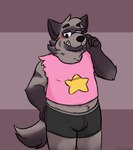 anthro black_nose blush bulge clothing humanoid_hands male shirt solo topwear underwear orbitpaws password_(visual_novel) dave_(password) hyena mammal striped_hyena 2021 hi_res