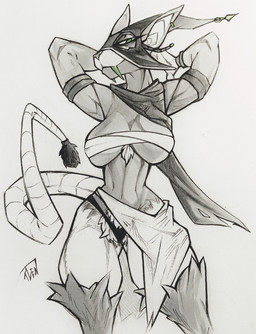 anthro breasts ear_piercing fangs female fluffy_pussy hands_behind_head mace_tail piercing sabertooth_(anatomy) solo tail teeth weapon_tail wide_hips tlen_borowski warhammer_(franchise) mammal murid murine rat rodent skaven 2026 absurd_res hi_res painting_(artwork) traditional_media_(artwork) traditional_painting_(artwork) traditional_watercolor_(artwork) watercolor_(artwork)