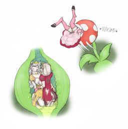 anthro areola bodily_fluids breasts clothed clothing crown digestion dress dying fatal_vore female female/female fully_inside fur genitals group hair headgear narrowed_eyes nipples open_mouth oral_vore plant saliva saliva_string simple_background tail tongue tongue_out torn_clothing torn_dress trio vore meowmere mario_bros nintendo bovid caprine domestic_cat elemental_creature felid feline felis flora_fauna goat mammal piranha_plant absurd_res hi_res