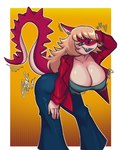 anthro big_breasts blonde_hair blue_eyes breasts cleavage clothed clothing female hair long_hair looking_at_viewer multicolored_body red_body solo two_tone_body sr_exalted27 cavemanon_studios i_wani_hug_that_gator mia_moretti dinosaur hadrosaurid ornithischian ornithopod parasaurolophus prehistoric_species reptile scalie absurd_res hi_res