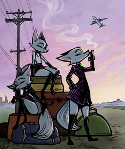 aircraft airplane anthro barefoot bottomwear cigarette clothed clothing collar dress feet female fluffy fluffy_tail fur gloves_(marking) group leg_markings luggage markings outside roadside shirt shock_collar sitting skirt smoke smoking socks_(marking) standing tail tail_under_skirt topwear travel trio vehicle white_body white_fur strangerkate disney zootopia arctic_fox_masseuse_(zootopia) arctic_fox canid canine fox mammal true_fox hi_res sibling_(lore) triplets_(lore)