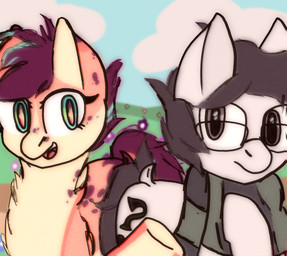 black_hair black_outline black_tail blue_eyes blue_hair chatting clothed clothing cloud cutie_mark detailed_background duo eye_contact eyebrows eyelashes eyewear female feral flower fur glasses green_scarf grey_eyes hair hill looking_at_another male markings open_mouth outline outside partially_clothed pink_body pink_fur pink_hair plant purple_hair purple_tail scarf sky smile spots spotted_body spotted_fur tail tan_body tan_fur teeth tongue topwear white_body white_fur max_the_hedgehog friendship_is_magic hasbro my_little_pony fan_character no_use_pony verka_serduchka earth_pony equid equine horse mammal pony 2021 colored digital_media_(artwork) half-length_portrait portrait