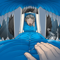 anthro black_body bodily_fluids duo fangs first_person_view human_pov looking_at_viewer male mirror mirror_reflection mouth_shot open_mouth pov_hands pov_reflection prey_pov reflection reverse_mouth_shot sabertooth_(anatomy) saliva saliva_on_tongue saliva_string swallowing teeth tongue vore judasyfox felid feline human mammal 1:1 absurd_res hi_res