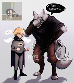 age_difference alternate_costume alternative_fashion angry annoyed anthro arm_tuft arm_wrapping arm_wraps blonde_hair blue_eyes bottomwear cape cheek_tuft claws clenched_teeth cloak clothing dark_humor death dialogue digitigrade disappointed duo elbow_tuft facepalm facial_markings facial_tuft fangs feathered_wings feathers fist fluffy fluffy_tail frown fur fuzzy grey_body grey_fur hair halo hand_on_face hanged head_markings holding_object holding_weapon insult leg_wraps male markings mask_(marking) older_anthro older_male pants poncho profanity screencap sickle simple_background size_difference speech_bubble tail teeth text thought_bubble thoughts tuft weapon wings wrapped_arms wrapped_legs wraps younger_human younger_male leisen_mellow batman_(series) comedy_central dc_comics dreamworks puss_in_boots_(franchise) south_park death_(puss_in_boots) kenneth_mccormick mysterion angel canid canine canis human mammal wolf crossover english_text hi_res watermark