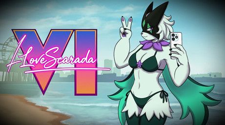 anthro beach bikini clothing female front_view gesture hand_gesture looking_at_viewer solo standing swimwear taking_picture taking_selfie two-piece_swimsuit v_sign ilovescarada nintendo pokemon generation_9_pokemon meowscarada pokemon_(species) better_version_at_source hi_res