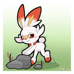 anthro blush border cotton_tail embarrassed female genitals gradient_background imminent_feces plump_labia poop_desperation raised_leg red_eyes rock simple_background solo text tremble_spikes vulva white_border fairyfudge nintendo pokemon generation_8_pokemon pokemon_(species) scorbunny 1:1 artist_name digital_media_(artwork) hi_res