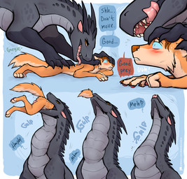almost_fully_inside anthro anthro_prey back_lick black_body black_horn black_scales black_spikes blue_eyes blush blush_lines bodily_fluids brown_hair cheek_spikes dialogue drooling duo facial_spikes female female_pred feral feral_pred fully_inside fur gurgle_(sound_effect) hair hand_on_butt hand_on_head horn larger_pred licking licking_another licking_lips long_neck lying male male/female male_prey neck_bulge neck_spikes nude on_front oral_vore orange_body orange_fur partially_inside pawpads pinned raised_head rumbling_stomach saliva saliva_string scales sharp_teeth size_difference soft_vore speech_bubble spikes spikes_(anatomy) swallowing sweat tail teeth text tongue tongue_around_leg tongue_out ventral_scales vore wide_eyed yellow_eyes darkdraconica european_mythology mythology darky_(darkdraconica) dave_(darkdraconica) canid canine dragon fox mammal mythological_creature mythological_scalie scalie western_dragon comic english_text hi_res
