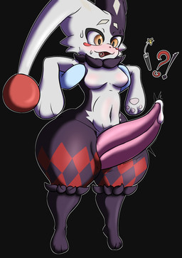 anthro big_penis diamond_(marking) female genitals imminent_sex jester markings penis shortstack shortstack_female size_difference solo theclaysatan palworld pocketpair chillet dupin_(pal) humanoid pal_(species) hi_res