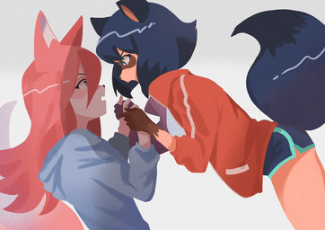 anthro blue_body blue_fur blue_hair brown_body brown_fur clothed clothing duo female fur hair hoodie jacket long_hair looking_at_another pink_body pink_fur pink_hair simple_background topwear white_body white_fur junkfood487 brand_new_animal studio_trigger michiru_kagemori nazuna_hiwatashi canid canine fox mammal raccoon_dog tanuki 2020 digital_drawing_(artwork) digital_media_(artwork) hi_res