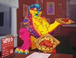 2024 4_toes anthro blue_hair claws detailed_background digitigrade fangs featureless_chest feet felid food fur hair hi_res looking_at_viewer male mammal markings meat multicolored_body multicolored_fur open_mouth overweight overweight_anthro overweight_male paws pizza saber-toothed_tiger sausage sign skaifox smile solo teeth toe_claws toes