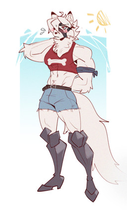 anthro bottomwear clothed clothing crop_top denim denim_bottomwear denim_clothing denim_shorts embarrassed flustered fur hair looking_away male muscular muscular_anthro muscular_male prosthetic prosthetic_leg prosthetic_limb red_eyes shirt shorts shy simple_background solo summer tail topwear white_body white_fur eirikbat mihoyo zenless_zone_zero von_lycaon canid canine canis mammal thiren wolf absurd_res digital_media_(artwork) hi_res