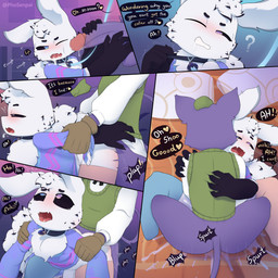 anal anal_penetration anthro arm_pull big_penis black_sclera blush bodily_fluids brown_clothing brown_gloves brown_handwear clothed clothing collar cum cum_in_mouth cum_inside dialogue doggystyle duo eyewear femboy forced from_behind_position from_front_position fur genital_fluids genitals gloves green_clothing green_sweater green_sweater_vest green_topwear green_vest handwear heterochromia leash leashed_collar legwear lying male male/male male_penetrated male_penetrating male_penetrating_male missionary_position on_back penetration penile penis plap poncho prison_guard_position purple_body purple_fur purple_penis rape sex speech_bubble sweater sweater_vest tail tail_mouth text thigh_highs tongue tongue_out topwear unusual_anatomy unusual_tail vein veiny_penis vest white_body white_fur wings phosenpai moki_(mokimonky) nacho_(nachokokoni) arthropod haplorhine insect lepidopteran mammal monkey moth primate 1:1 absurd_res comic english_text hi_res