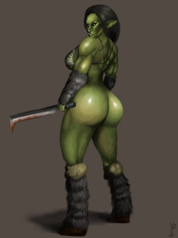 big_breasts big_butt bottomless breasts butt clothed clothing female melee_weapon not_furry solo sword weapon jlazarus humanoid orc 3:4