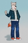 anthro biped black_nose bottomwear clothed clothing denim denim_bottomwear denim_clothing fist footwear fully_clothed jeans male pants pose shoes simple_background solo standing tail genchi canid canine canis mammal wolf