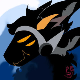 4_ears 4_eyes 4_horns anthro black_body black_fur blue_body blue_fur blurred_background fur grey_body grey_fur horn machine multi_ear multi_eye multi_horn side_view solo horizon_(protogen) protogen 1:1 signature