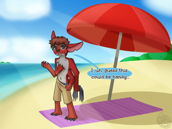 4_arms 5_fingers 5_toes after_transformation anthro beach beach_blanket beach_umbrella biped black_eyes black_nose blue_eyes bottomwear brown_hair claws clothed clothing day dialogue eyebrow_through_hair eyebrows feet finger_claws fingers fur grey_body grey_claws grey_fur hair holding_clothing holding_object logo male multi_arm multi_limb notched_ear open_mouth parasol pupils red_body red_fur shirt shorts slim_anthro slim_male solo speech_bubble standing tan_bottomwear tan_clothing tan_shorts text toe_claws toes topless topless_anthro topless_male topwear torn_clothing translucent translucent_hair underwear white_pupils hydez disney lilo_and_stitch alien experiment_(lilo_and_stitch) mammal 2025 4:3 artist_logo digital_drawing_(artwork) digital_media_(artwork) english_text hi_res