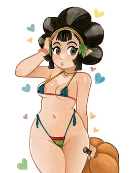 areola areola_slip bikini black_eyes black_hair blue_bikini blue_clothing blue_swimwear blush breasts camel_toe clothing eyelashes female food front_view fruit hair heart_symbol holding_object humanoid_pointy_ears looking_at_viewer not_furry pink_areola plant pointy_ears pumpkin simple_background solo swimwear tan_body tan_skin thick_thighs two-piece_swimsuit white_background wide_hips 2x_(artist) nintendo the_legend_of_zelda kina_(skyward_sword) humanoid hylian hi_res
