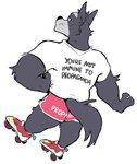 anthro black_nose bottomwear clothing fur grey_body grey_fur looking_at_viewer looking_back male quad_skates rear_view roller_skates shirt simple_background skating solo t-shirt text text_on_bottomwear text_on_butt text_on_clothing text_on_shirt text_on_topwear topwear white_background white_clothing white_shirt white_t-shirt white_topwear haps adastra adastra_(series) echo_project you_are_not_immune_to_propaganda amicus_(adastra) canid canine canis mammal wolf 2020 english_text full-length_portrait hi_res meme portrait