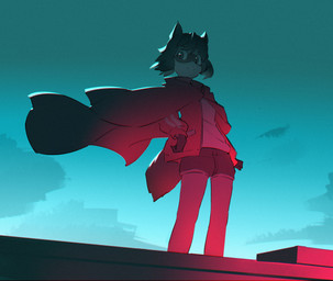 anthro bottomwear clothed clothing female fluffy fluffy_tail fur hair hand_on_hip jacket outside short_hair shorts smile solo standing tail topwear laluna brand_new_animal studio_trigger michiru_kagemori canid canine mammal raccoon_dog tanuki 2020 absurd_res hi_res