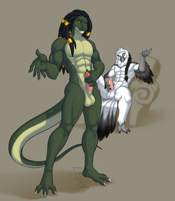 3_toes 5_fingers abs anthro athletic avian_feet balls black_body black_feathers circumcised claws countershading dreadlocks duo erection feathers feet fingers genitals green_body green_scales humanoid_genitalia humanoid_penis looking_at_viewer male masturbation muscular nude pecs penis scales sitting standing toes white_body white_feathers kittydee ikshun irelius accipitrid accipitriform avian bearded_vulture bird lizard old_world_vulture reptile scalie vulture digital_media_(artwork) hi_res shaded
