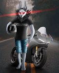 anthro armor cigarette clothed clothing ducati_panigale_v4 forest hair headgear helmet light male motorcycle paws plant red_eyes smoke smoking solo street tree vehicle lucareelo ducati_(motorcycle) fan_character geryon canid canine felid feline mammal absurd_res hi_res shaded soft_shading