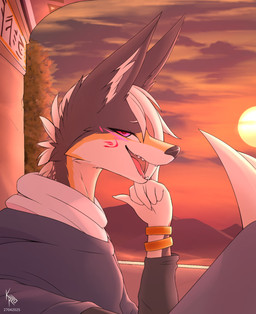 anthro bracelet building clothed clothing cloud countershade_accent desert detailed_background dunes female fur fur_markings glowing glowing_eyes glowing_markings hair hand_on_chin head_on_hand inner_ear_fluff jewelry looking_at_viewer magenta_eyes markings multicolored_body multicolored_fur nura_(kpz-70) open_mouth open_smile plant raised_leg shawl shrub sitting smile smiling_at_viewer solo sun sunset teeth text tongue tuft white_hair kpz-70_(artist) canid canine mammal 2025 dated hi_res signature