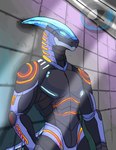 anthro athletic athletic_anthro blue_markings bone_frill chest_markings detailed_background empty_eyes frill_(anatomy) grey_body male markings muscular muscular_male orange_markings segmented_body segmented_neck synthetic tail cor1998l dinosaur hadrosaurid ornithischian ornithopod prehistoric_species reptile saurolophus scalie synth_(vader-san) hi_res