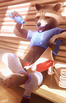 animal_genitalia animal_penis anthro athletic_wear balls big_penis bodily_fluids bottle bottomless bottomless_anthro bottomless_male brown_body brown_fur canine_genitalia canine_penis clothed clothing container crop_top erection feet fingers footwear fur genital_fluids genitals heat_(temperature) holding_bottle holding_container holding_object holding_towel knot leaking_precum looking_pleasured male open_mouth penis precum precum_string shirt sitting smile socks solo teeth toes tongue tongue_out topwear towel water water_bottle sidekick guardians_of_the_galaxy marvel rocket_raccoon mammal procyonid raccoon digital_media_(artwork) hi_res