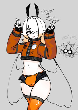 antennae_(anatomy) bodily_fluids bottomwear bulge clothed clothing crop_top femboy futuristic_clothing gesture gloves hair hand_gesture handwear heart_symbol highlights_(coloring) hotpants jacket jockstrap legwear long_hair male midriff navel nervous nervous_smile nervous_sweat pose reaction_shot shirt shorts simple_background small_waist solo sweat sweatdrop text thick_thighs thigh_highs topwear underwear v_sign wings probablyavv mars_(probablyavv) animal_humanoid arthropod arthropod_humanoid humanoid insect insect_humanoid lepidopteran moth 2025 hi_res