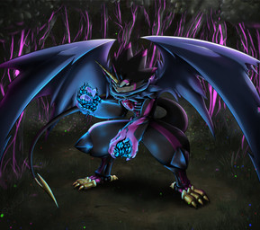 anthro black_body black_sclera blue_fire blue_scarf claws colored_fire feet fire forest forest_background grass horn male nature nature_background plant scarf solo tail talons toes tree weapon_tail wings gekkart bandai_namco digimon digimon_(species) gulusgammamon absurd_res hi_res