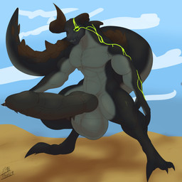 animal_genitalia animal_penis anthro balls big_balls big_penis bodily_fluids erection genital_fluids genitals huge_balls huge_penis hyper hyper_balls hyper_genitalia hyper_penis knot male markings muscular muscular_anthro muscular_male nude open_mouth outside penis precum solo standing pillowymounds fallout microsoft deathclaw scalie 1:1 absurd_res hi_res