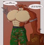 abs anthro biceps big_muscles big_pecs blush bouncing_pecs bulge clothed clothing huge_muscles huge_pecs hyper hyper_muscles hyper_pecs male muscular muscular_anthro muscular_male open_mouth pecs simple_background solo standing text topless zephir activision crash_bandicoot_(series) crunch_bandicoot bandicoot mammal marsupial digital_media_(artwork) english_text hi_res