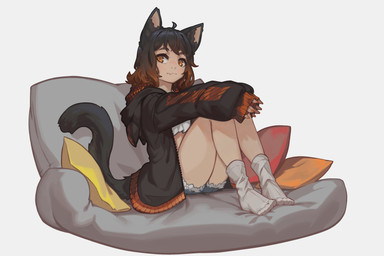 black_clothing black_hair black_jacket black_topwear bottomwear brown_eyes clothing female footwear hair jacket looking_aside shorts simple_background sitting_on_pillow socks solo tail topwear white_background paintrfiend animal_humanoid cat_humanoid felid felid_humanoid feline feline_humanoid humanoid mammal mammal_humanoid 2026 3:2 digital_media_(artwork) hi_res