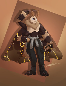2_claws 4_arms 4_wings 5_fingers abstract_background antennae_(anatomy) antennae_piercing anthro arthropod_abdomen black_body black_bottomwear black_clothing black_footwear black_fur black_pants black_shoes bottomwear brown_body brown_fur cargo_pants claws clothed clothing colored_nails digitigrade fingers flesh_fang footwear fur furgonomic_piercing furgonomics insect_wings kintsugi_(art) lepidopteran_wings male multi_arm multi_limb multi_wing nails navel neck_tuft pants piercing shoes solo standing striped_body striped_fur stripes topless tuft white_eyes wing_piercing wings nasosha floof_(binaryfloof) arthropod insect lepidopteran moth absurd_res hi_res signature