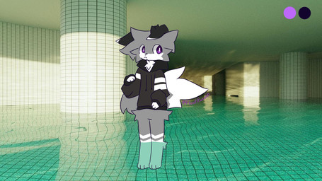 3_toes 3d_background ambiguous_gender anthro barefoot big_tail bottomless clothed clothing feet floor floppy_ears foot_in_water front_view fur grey_body grey_fur hoodie inside liminal_spaces looking_away modern_architecture partially_submerged paws purple_eyes solo standing standing_in_water tail tile tile_floor tile_wall toes topwear wall_(structure) water floofifoxalin poolrooms the_backrooms floofy_(floofifoxalin) canid canine fox mammal 16:9 hi_res widescreen