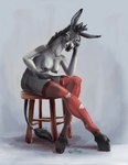 anthro black_hair breasts clothing eyelashes eyewear female fur furniture glasses grey_body grey_fur hair hooves leggings leggings_only legwear long_ears looking_at_viewer mane nipples sitting solo stool tail tail_tuft torn_clothing torn_legwear tuft coypowers dana_(coypowers) asinus donkey equid equine mammal 2022 hi_res