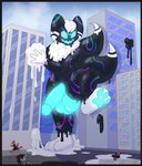 anthro aoi_the_slimecat cassettewaves city city_background feral generation_6_pokemon genitals glowing glowing_eyes glowing_genitalia glowing_markings glowing_mouth goo_creature humanoid_genitalia humanoid_penis looming_over macro male markings meowstic nintendo paws penis pokemon pokemon_(species) slime slime_(slime_rancher) slime_rancher solo tarr_slime